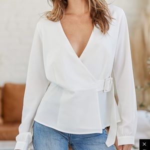 Make Things Happen Ivory Long Sleeve Wrap Top size medium from lulus.